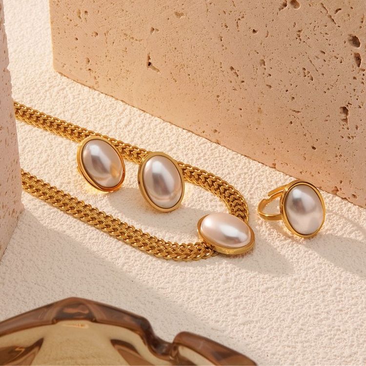 Gold-Tone Stainless Steel Jewelry Set With Pearl Accents image 9