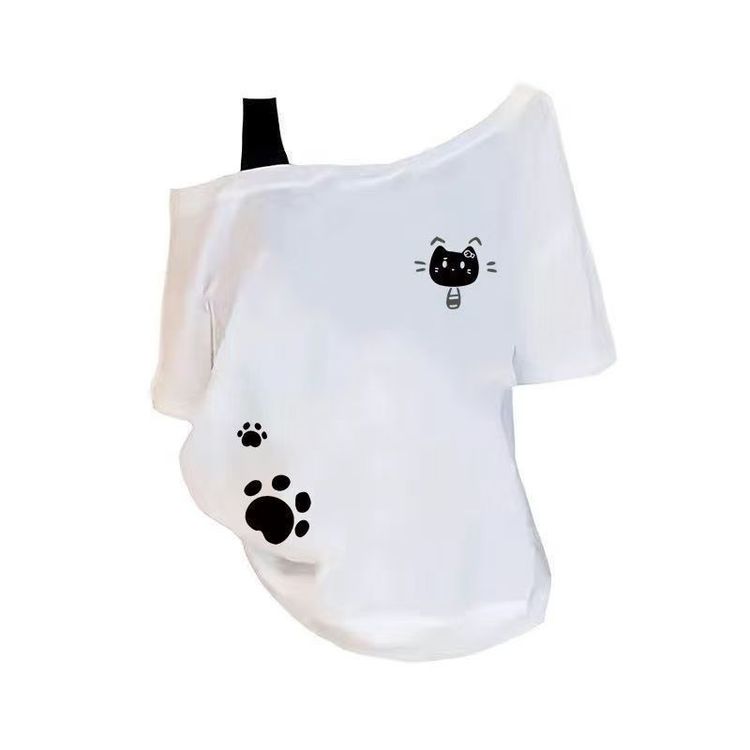 White Off-Shoulder Top With Cat And Paw Prints image 1