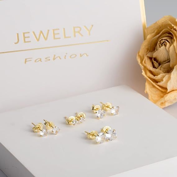 Gold Stud Earrings Set With Clear Stones image 5