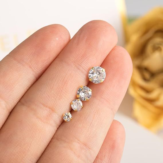Gold Stud Earrings Set With Clear Stones image 2