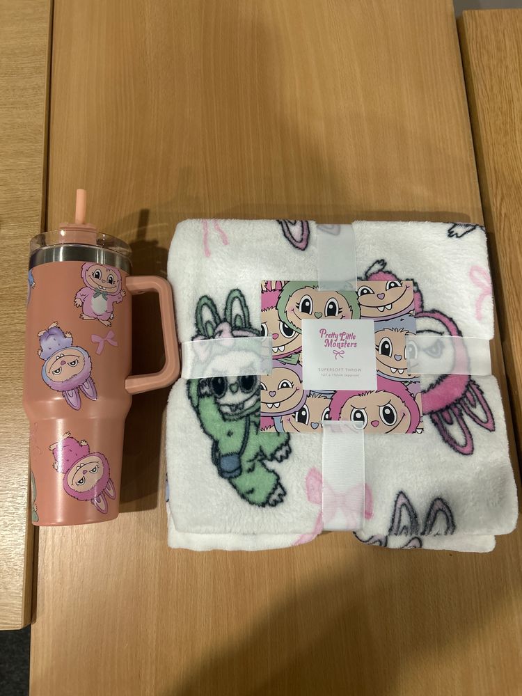 ‘Labubu Style / Stanley Like’ Stainless Steel & Fleece Throw Bundle - Peach / Orange