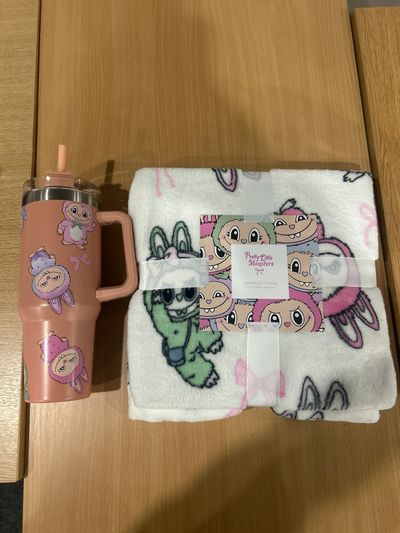 ‘Labubu Style / Stanley Like’ Stainless Steel & Fleece Throw Bundle - Peach / Orange