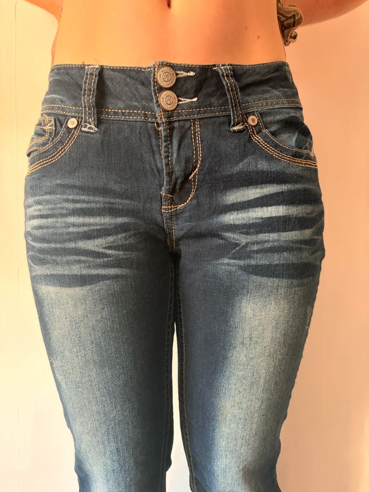 2000s Silver Embroidered Pocket Dark Denim Bootcut Jeans  imagen 6