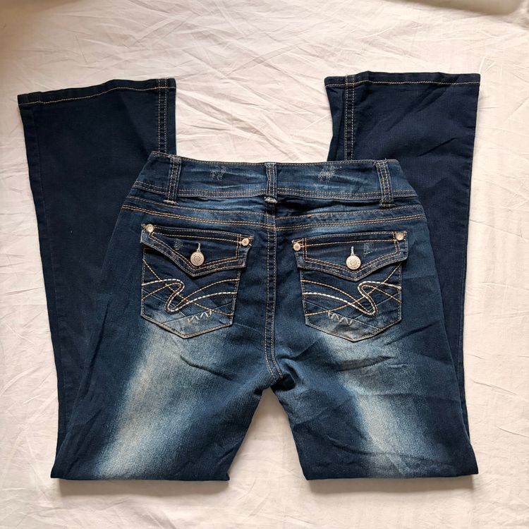 2000s Silver Embroidered Pocket Dark Denim Bootcut Jeans  image 1