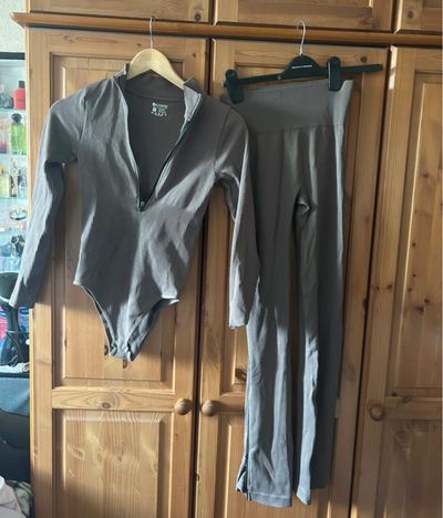 Grey Long Sleeve Bodysuit And Pants Set