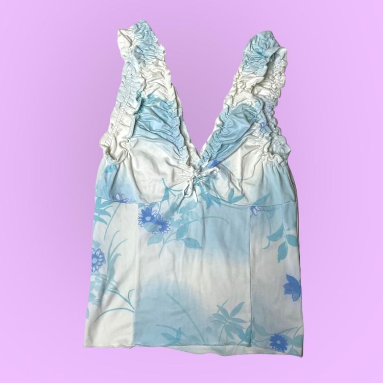 90s 00s blue floral cami too with rusched straps and bow detail  