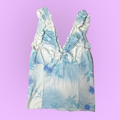90s 00s blue floral cami too with rusched straps and bow detail