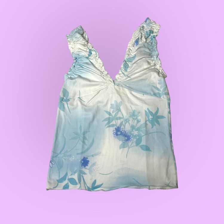 90s 00s blue floral cami too with rusched straps and bow detail   image 2