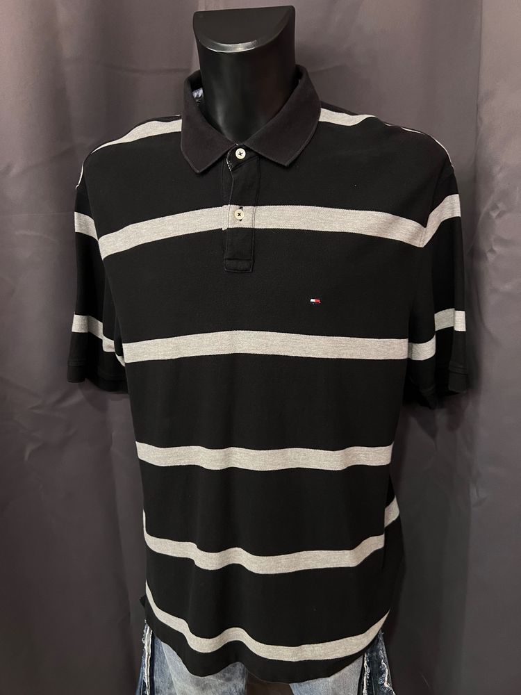 Tommy Hilfiger polo a righe grigia e nera in raglia 2xl