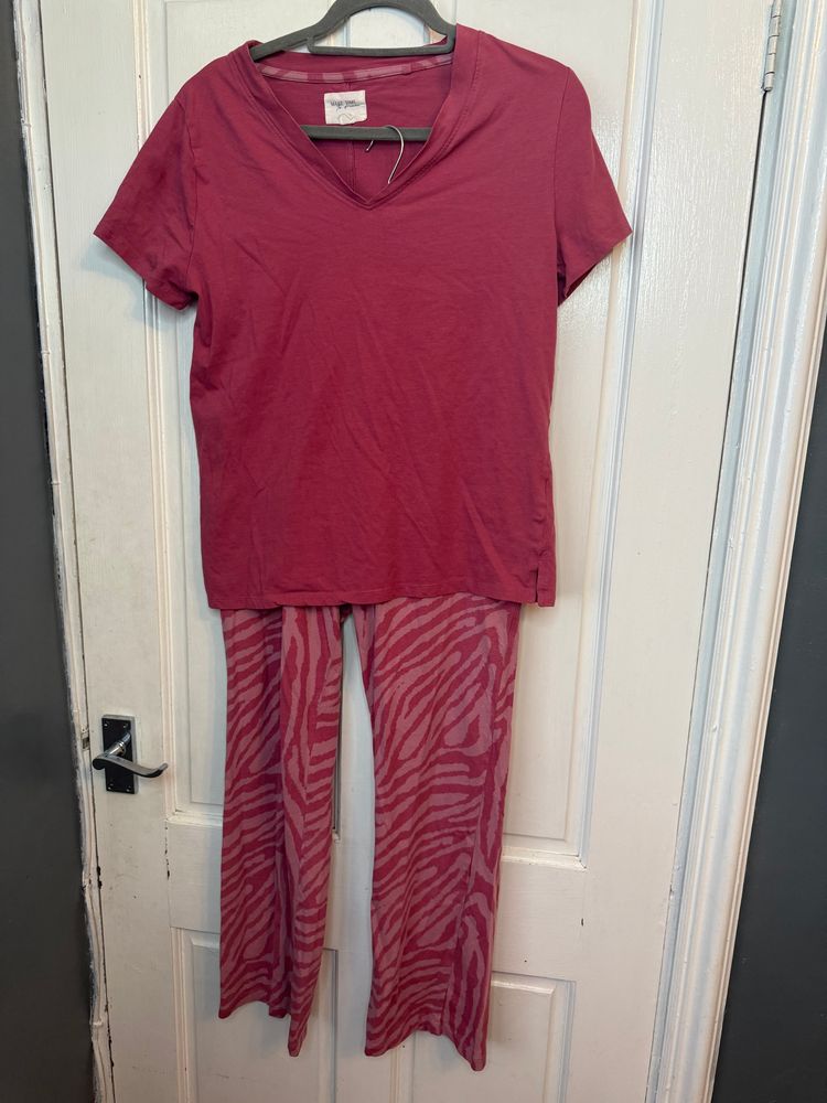 pink top and patterned pants set