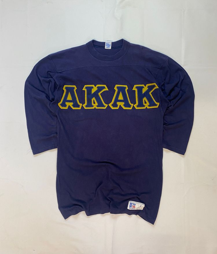 Vintage 90s Russell Athletic Varsity Top | Navy Yellow AKAK Letter Jersey