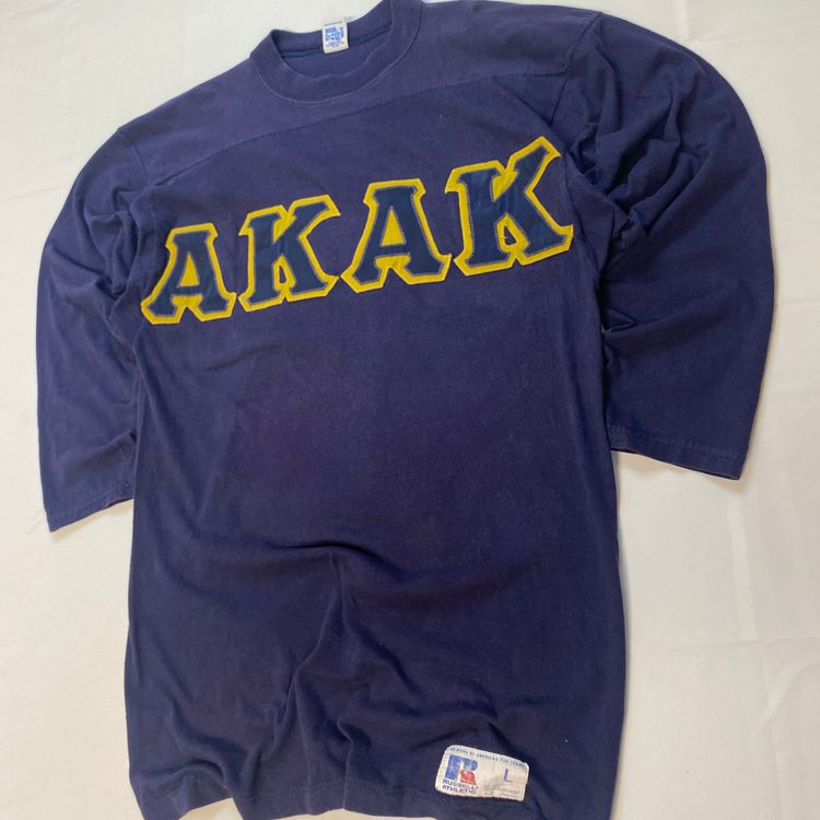 Vintage 90s Russell Athletic Varsity Top | Navy Yellow AKAK Letter Jersey image 2