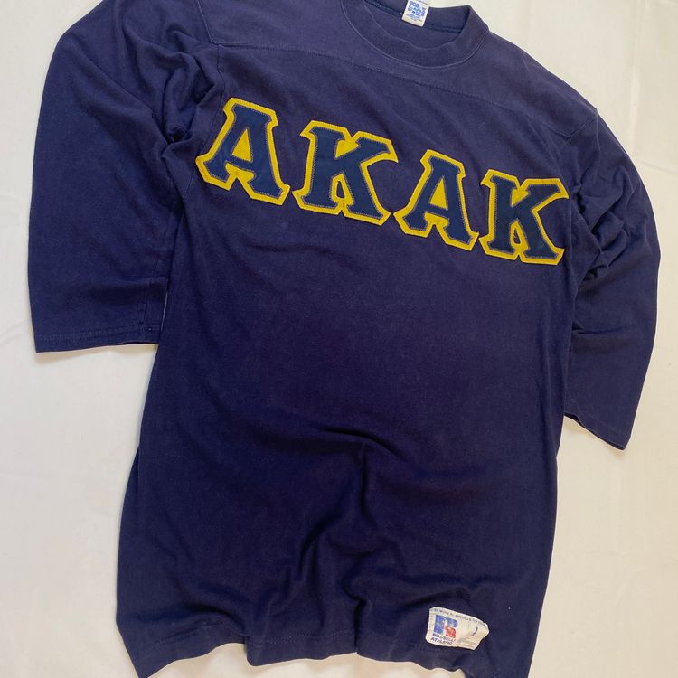 Vintage 90s Russell Athletic Varsity Top | Navy Yellow AKAK Letter Jersey image 3