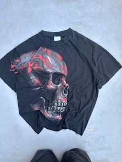 Black T-Shirt With Red And Grey Skull Graphic