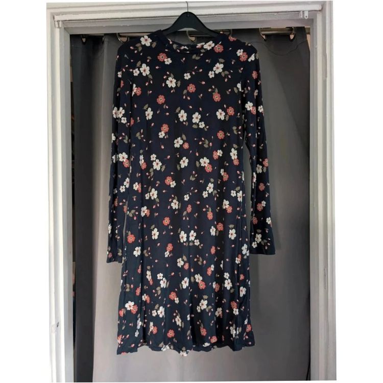 M&S Navy Blue Coral Floral Long Sleeve Jersey Dress UK 8 Whimsigoth image 1