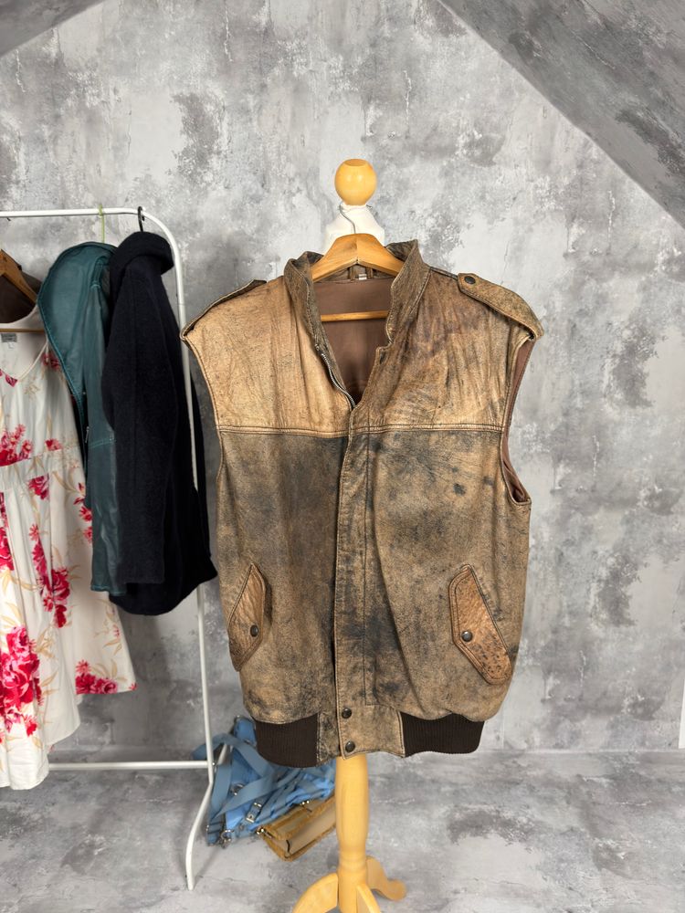 Brown Leather Sleeveless Vest Jacket