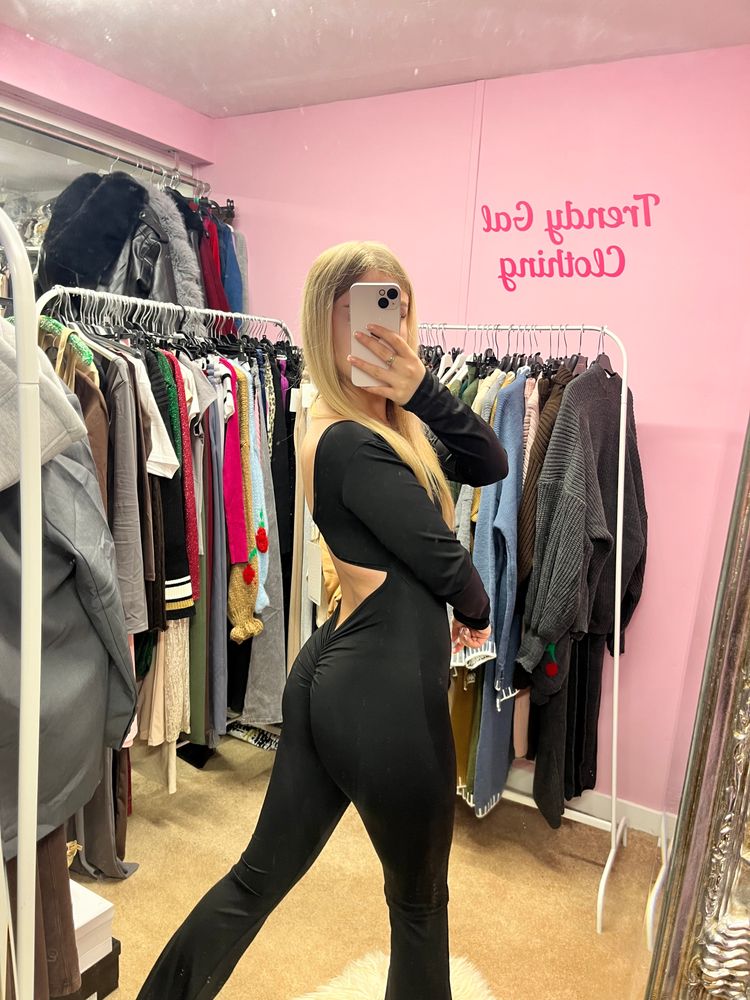 Black long sleeve flared scrunch bum jumpsuit  2