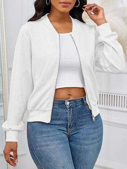White Textured Zip-Up Bomber Jacket image 1