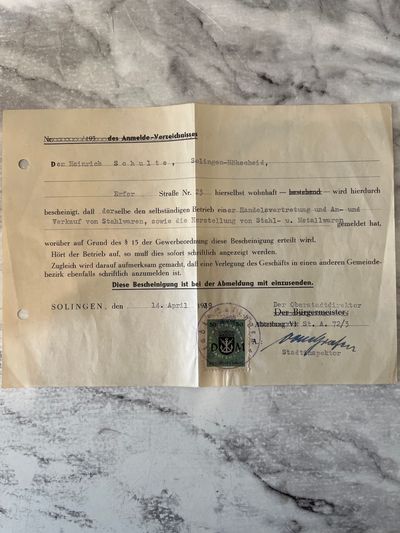 This document is a German business registration certificate (Gewerbeanmeldung-Bescheinigung) from 1939. With signature