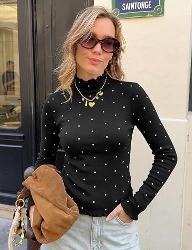 Black Long Sleeve Turtleneck Top With White Polka Dots image 1