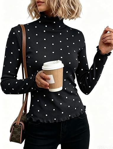 Black Long Sleeve Turtleneck Top With White Polka Dots imagen 2