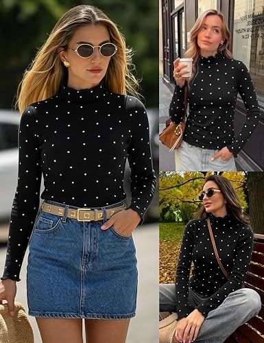 Black Long Sleeve Turtleneck Top With White Polka Dots imagen 3