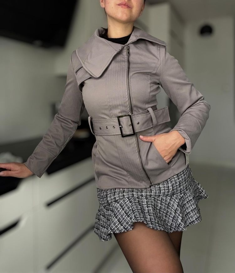 Grey Belted Jacket With Asymmetrical Collar