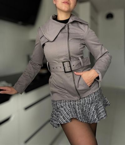 Grey Belted Jacket With Asymmetrical Collar