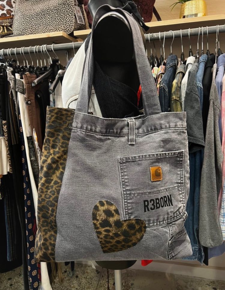 Grey Denim Tote Bag With Leopard Print Heart carharrt image 1