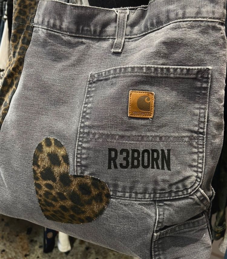 Grey Denim Tote Bag With Leopard Print Heart carharrt image 2