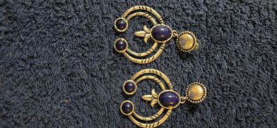Silver-Tone Earrings With Purple And Beige Stones