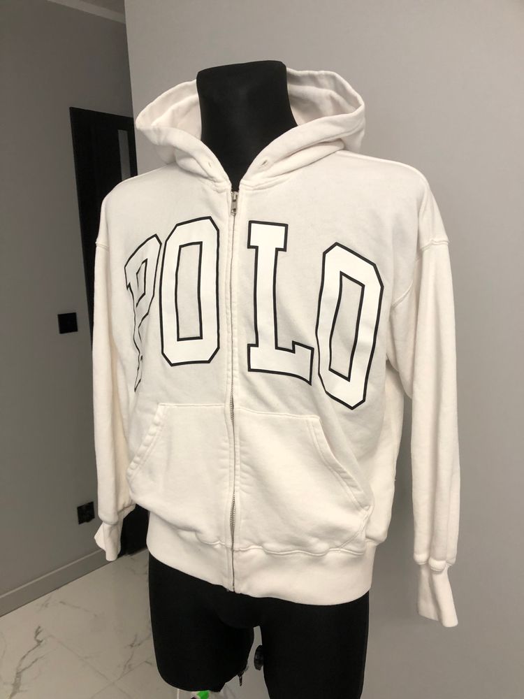 Oversize White Zip-Up Hoodie With Polo Text imagen 3