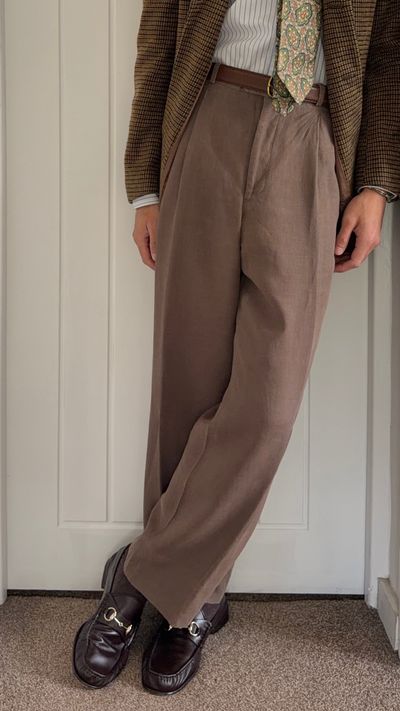 Armani 1990s Linen Pleated Pants Taupe Brown - Size 35 Waist