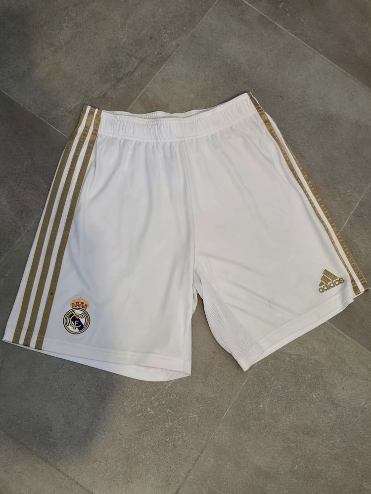 Adidas White Shorts With Gold Stripes And Real Madrid Logo
