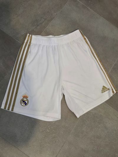 Adidas White Shorts With Gold Stripes And Real Madrid Logo