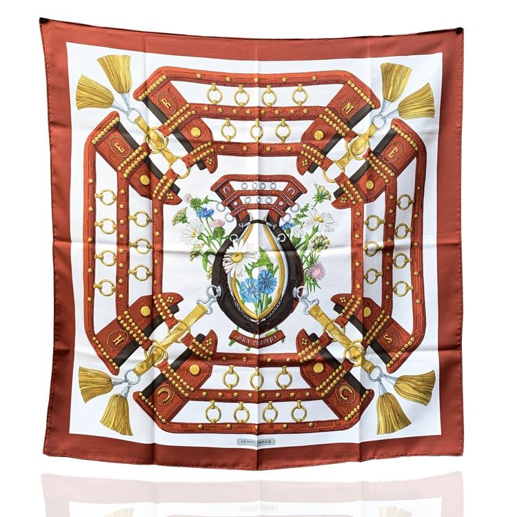 opavintage.com Sciarpa di seta marrone vintage Hermes Paris Aux Champs 1970 Cathy Latham product image
