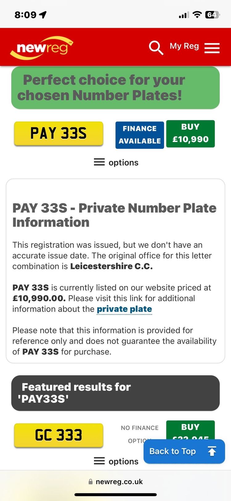 Private Number Plate Pay 33S