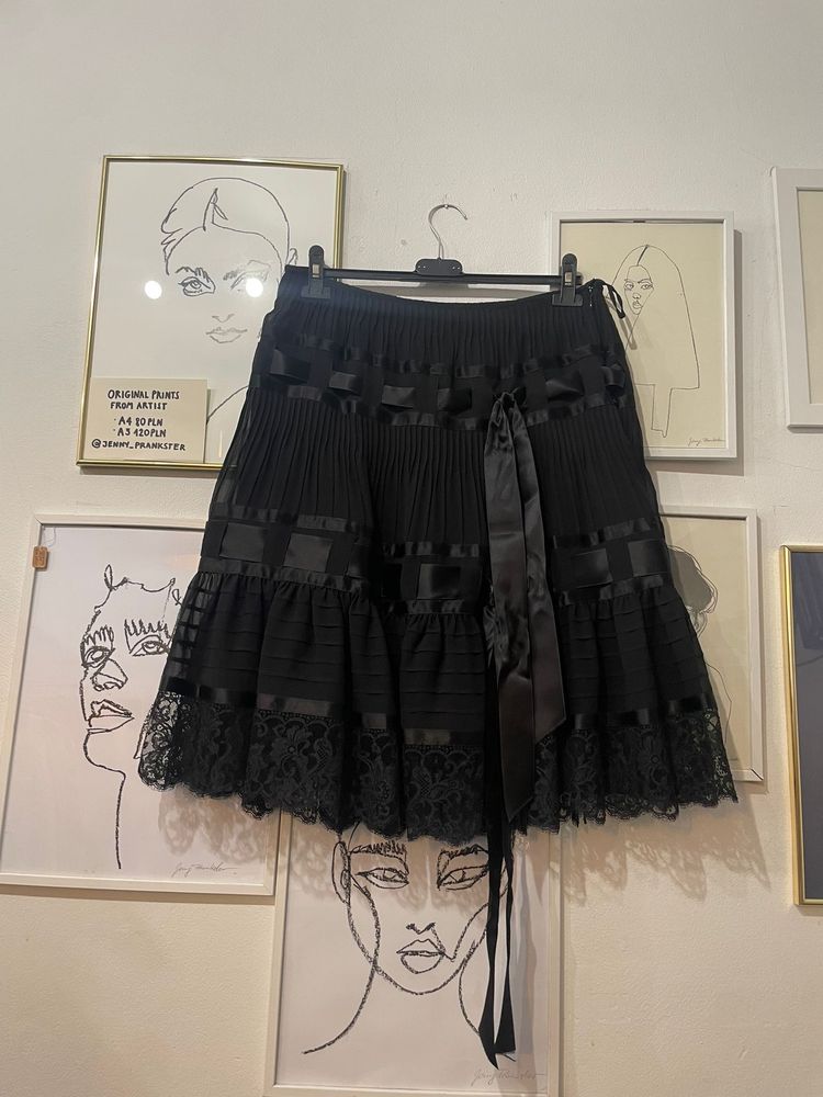 Other black pleated skirt with lace trim and ribbon detail product image