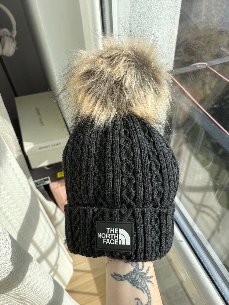 The North Face Black Knit Beanie With Faux Fur Pom Pom image 1