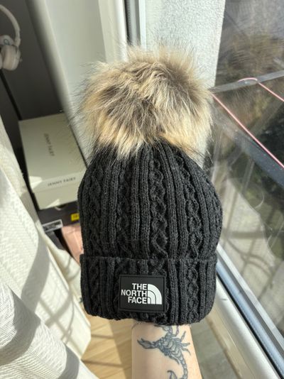 The North Face Black Knit Beanie With Faux Fur Pom Pom