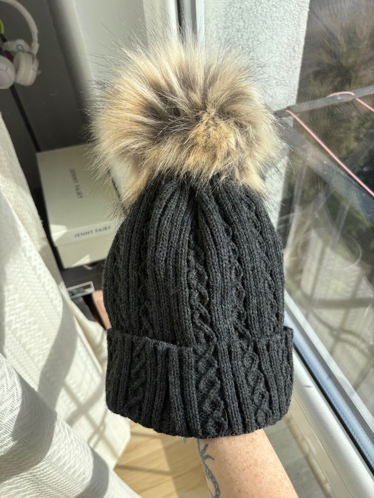 The North Face Black Knit Beanie With Faux Fur Pom Pom image 2