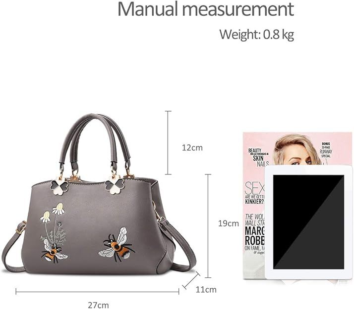 Grey Handbag With Bee And Flower Embroidery image 5