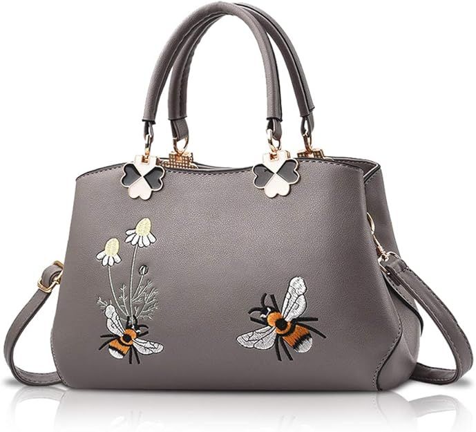 Grey Handbag With Bee And Flower Embroidery image 1