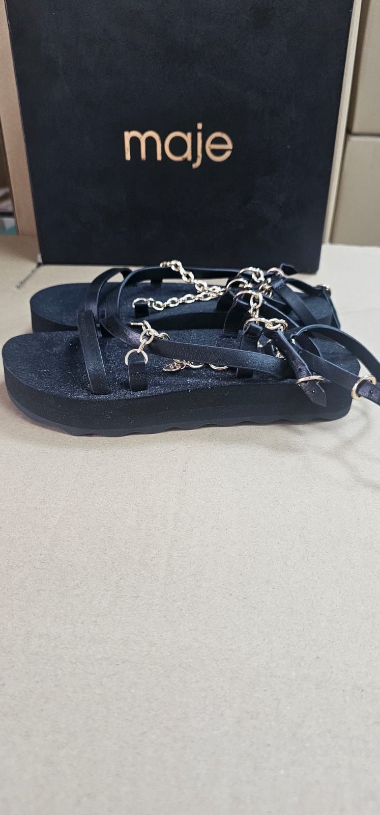 maje black sandals with gold chains