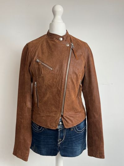 2000s y2k brown asymmetric leather hacket