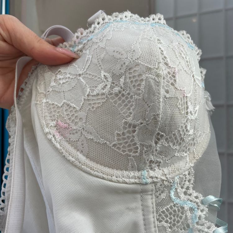 ETHEREAL GIRL DROP | small white padded corset with blue lace up ribbon detail image 4