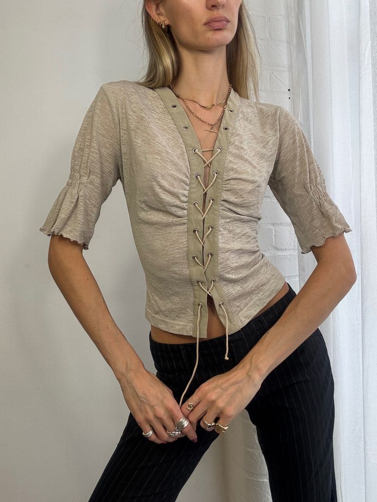 Beige Lace-Up Blouse
