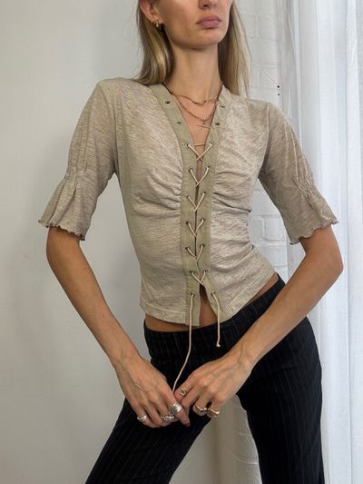 Beige Lace-Up Blouse