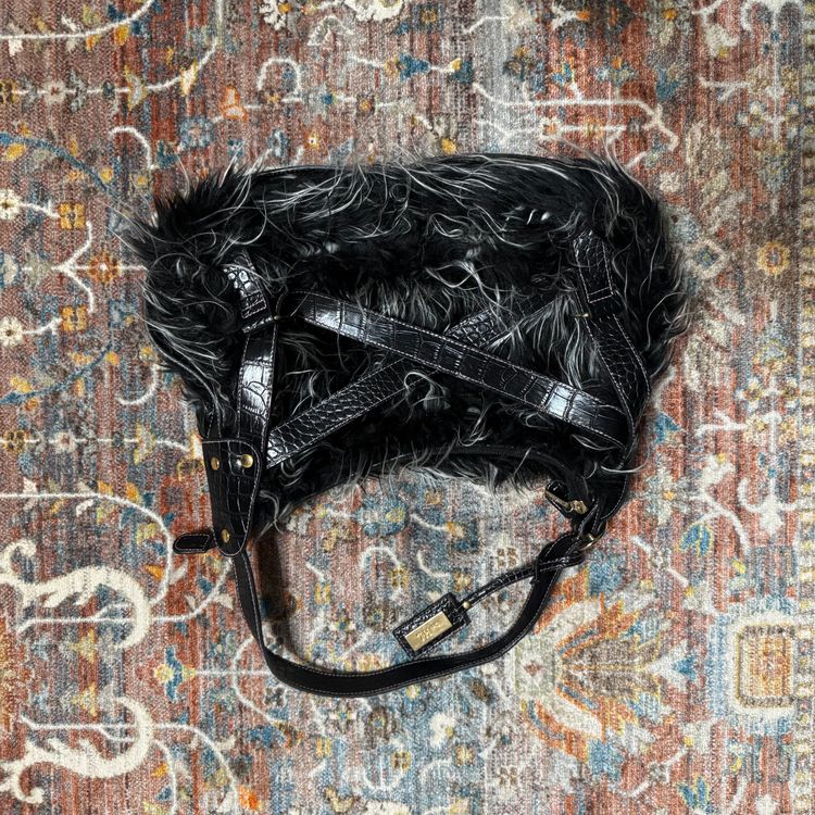 Black Faux Fur Handbag With Leather Straps