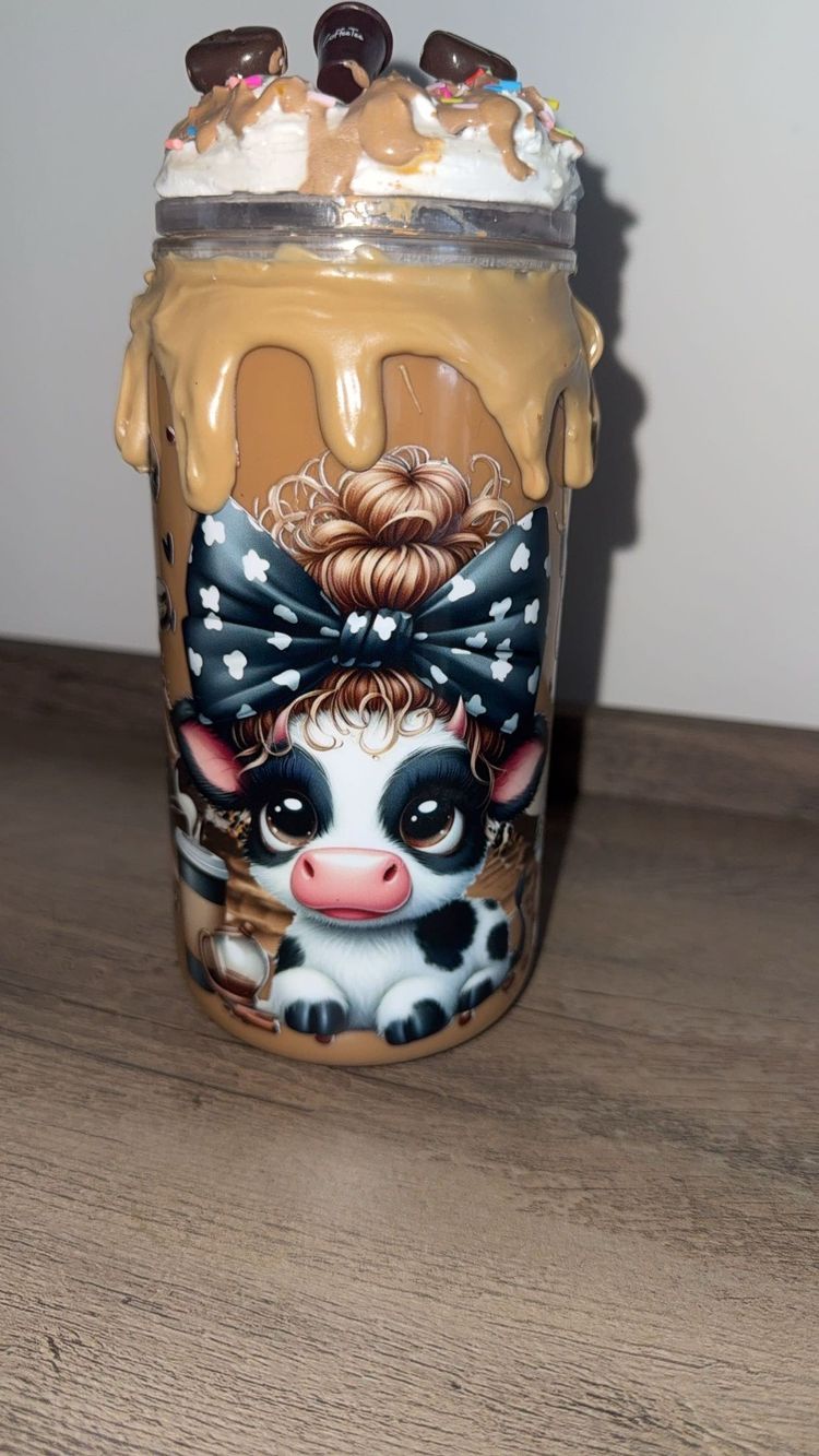 Decorative Tumbler With Cow And Donut Design
